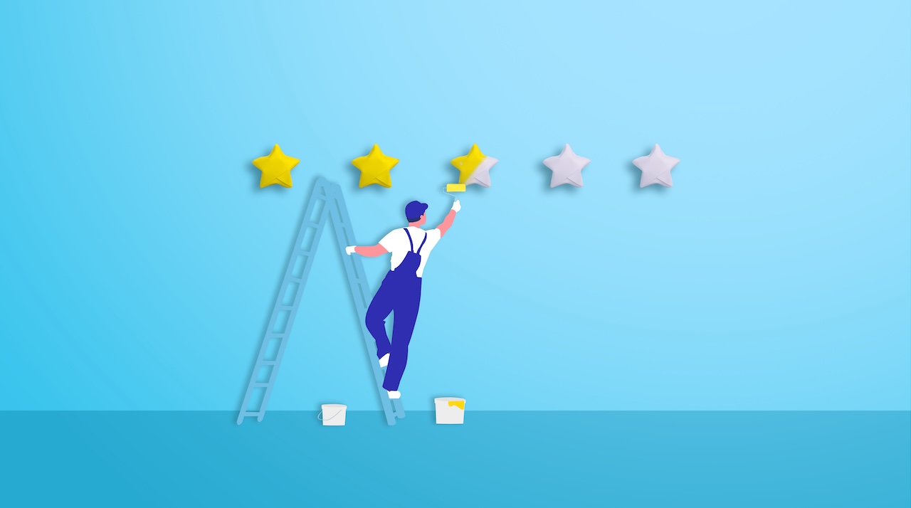 Painter workers on ladder painting stars paper on the wall with blue background. customer experience, service survey, online business marketing concept.